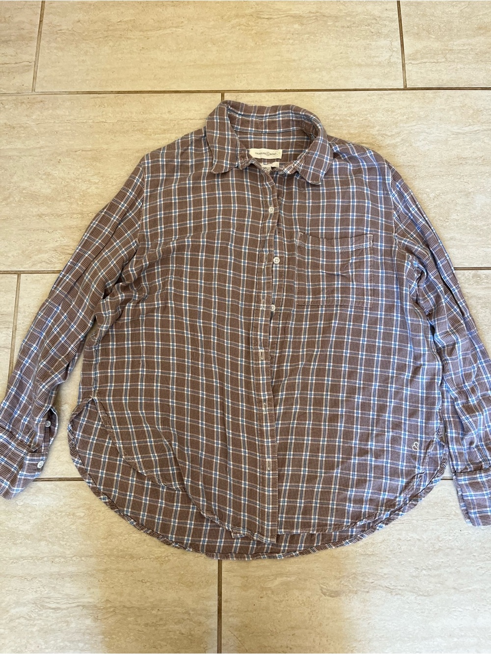 Treasure & Bond Brown and Light Blue Plaid Button-Down Shirt oversized 90s XS